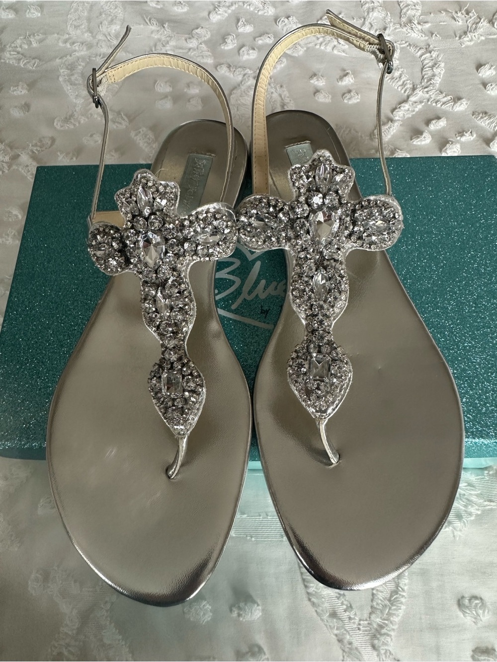 Blue by Betsey Johnson Silver Crystal T-Strap Sandals